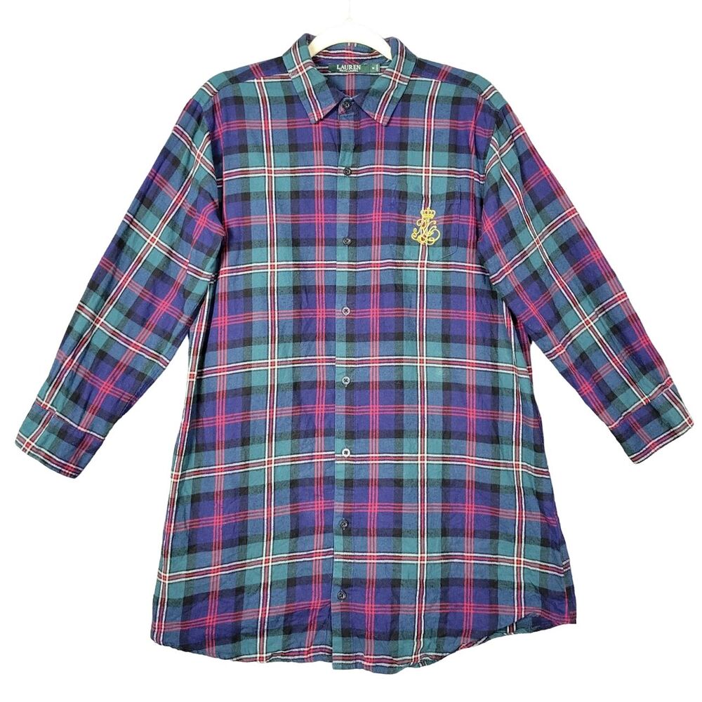 LAUREN RALPH LAUREN Green Blue Plaid Embroidered Crest Button Up Top SIZE MEDIUM